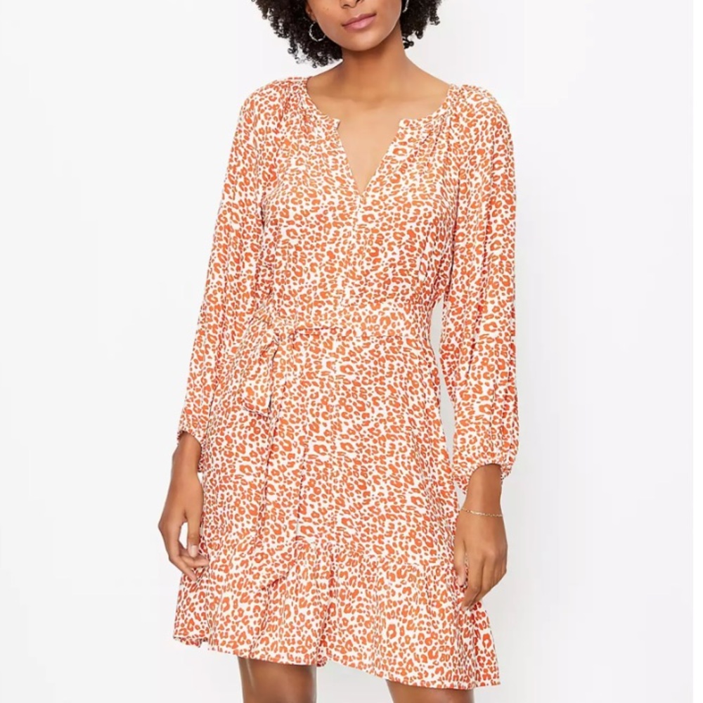 LOFT Leopard Print Split Neck Swing Dress XS